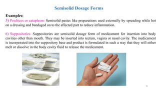 36
Semisolid Dosage Forms
Examples:
5) Poultices or cataplasm: Semisolid pastes like preparations used externally by spreading while hot
on a dressing and bandaged on to the affected part to reduce inflammation.
6) Suppositories: Suppositories are semisolid dosage form of medicament for insertion into body
cavities other than mouth. They may be inserted into rectum, vagina or nasal cavity. The medicament
is incorporated into the suppository base and product is formulated in such a way that they will either
melt or dissolve in the body cavity fluid to release the medicament.
 