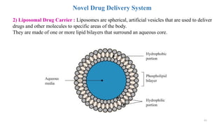 41
Novel Drug Delivery System
2) Liposomal Drug Carrier : Liposomes are spherical, artificial vesicles that are used to deliver
drugs and other molecules to specific areas of the body.
They are made of one or more lipid bilayers that surround an aqueous core.
 