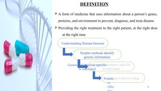 DEFINITION
 A form of medicine that uses information about a person’s genes,
proteins, and environment to prevent, diagnose, and treat disease
 Providing the right treatment to the right patient, at the right dose
at the right time
Understanding Human Genome
Simpler methods identify
genetic information
Genetic Information specific
to individual
Presele
ct
effec 5
 