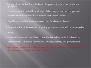Four key elements that form the basis of a prospective process validation
program.
1. Definition of the desirable attributes of the drug product or components
thereof as well as those characteristics that are not desired
2. Establishment of limitations or constraint for these attributes
3. Determination of the controls or testing parameters that will be measured or
tested
4. Initiation of studies to establish control or boundary limits for those key
attributes that influence the product, process, quality, and performance
These criteria represent a logical progression of activities encompassing the
development of a pharmaceutical product.
 