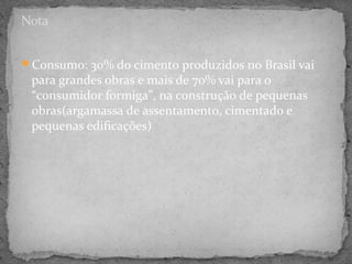 Nota


Consumo: 30% do cimento produzidos no Brasil vai
 para grandes obras e mais de 70% vai para o
 “consumidor formiga”, na construção de pequenas
 obras(argamassa de assentamento, cimentado e
 pequenas edificações)
 