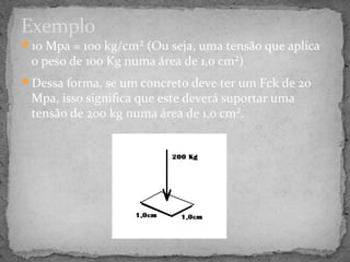 Exemplo
10 Mpa = 100 kg/cm² (Ou seja, uma tensão que aplica
 o peso de 100 Kg numa área de 1,0 cm²)
Dessa forma, se um concreto deve ter um Fck de 20
 Mpa, isso significa que este deverá suportar uma
 tensão de 200 kg numa área de 1,0 cm².
 