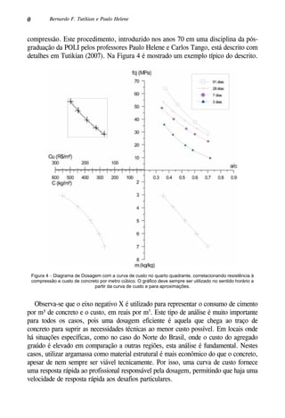 0 Bernardo F. Tutikian e Paulo Helene
compressão. Este procedimento, introduzido nos anos 70 em uma disciplina da pós-
graduação da POLI pelos professores Paulo Helene e Carlos Tango, está descrito com
detalhes em Tutikian (2007). Na Figura 4 é mostrado um exemplo típico do descrito.
Figura 4 – Diagrama de Dosagem com a curva de custo no quarto quadrante, correlacionando resistência à
compressão e custo de concreto por metro cúbico. O gráfico deve sempre ser utilizado no sentido horário a
partir da curva de custo e para aproximações.
Observa-se que o eixo negativo X é utilizado para representar o consumo de cimento
por m³ de concreto e o custo, em reais por m3
. Este tipo de análise é muito importante
para todos os casos, pois uma dosagem eficiente é aquela que chega ao traço de
concreto para suprir as necessidades técnicas ao menor custo possível. Em locais onde
há situações específicas, como no caso do Norte do Brasil, onde o custo do agregado
graúdo é elevado em comparação a outras regiões, esta análise é fundamental. Nestes
casos, utilizar argamassa como material estrutural é mais econômico do que o concreto,
apesar de nem sempre ser viável tecnicamente. Por isso, uma curva de custo fornece
uma resposta rápida ao profissional responsável pela dosagem, permitindo que haja uma
velocidade de resposta rápida aos desafios particulares.
 