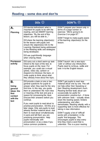 Secondary Form5
1
Reading – some dos and don’ts
DOs  DON’Ts 
A.
Planning
DO decide beforehand what is
important for pupils to do with the
reading, and set SMART learning
objectives: “By the end of this
lesson, you will be able to...“
DO share the learning objective(s)
for the lesson with pupils and
ensure the objective(s) link to the
Learning Standard being addressed
or the Reading skills and strategies
being developed.
DO use pupil-friendly language
when sharing these.
DON’T prepare your lesson only in
terms of a page number or
exercise: “We’re going to do
Exercise 3 on page 97.”
DON’T forget to make pupils aware
of the learning objective(s) for the
lesson.
Pre-lesson
activity
DO carry out a short warm-up task
linked to the topic of the text, to
focus pupils on the input. For
example, you could use a visual
(photo, video clip, cartoon or
diagram) to introduce the topic, or
invite pupils to think about what
they already know about the topic.
DON’T launch into a new topic
‘cold’ or without any introduction.
Pupils need to re-focus, settle and
tune in to the English lesson.
B.
Using
general
ideas: the
first
contact
with the
text
DO provide a task or one or two
general questions for pupils to
answer when they read for the very
first time. In this way, you guide
them to understand the main idea
or meaning of the text and give a
reason for processing the input.
Discuss their answers before you
continue.
If you want pupils to read aloud to
practise pronunciation, DO this at a
later stage. Only ask pupils to read
already familiar material aloud. Ask
them to read aloud simultaneously
in pairs and tell them you are
practising pronunciation. Help
pupils individually with
pronunciation or as a class if you
notice common problems.
DON’T get pupils to read new
material aloud one by one. This will
not help either their Speaking or
their Reading development much.
Reading familiar texts aloud can
occasionally be useful for
pronunciation practice but – if done
with unknown texts – actually slows
down the reading speed, hinders
understanding and often
demotivates. Reading silently with a
supporting task is more effective for
taking in new information.
DON’T supply a list of ‘difficult’
words with a translation in the
pupils’ first language. This
encourages pupils to stop every
time they meet a word that is
unfamiliar. This is a poor reading
 