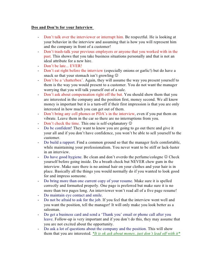 dos and donts for the interview dos and don ts during an interview
