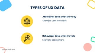 Behavioral data: what they do
Example: observations
TYPES OF UX DATA
Example: user interviews
Attitudinal data: what they say
Christian Rohrer (2014)
 