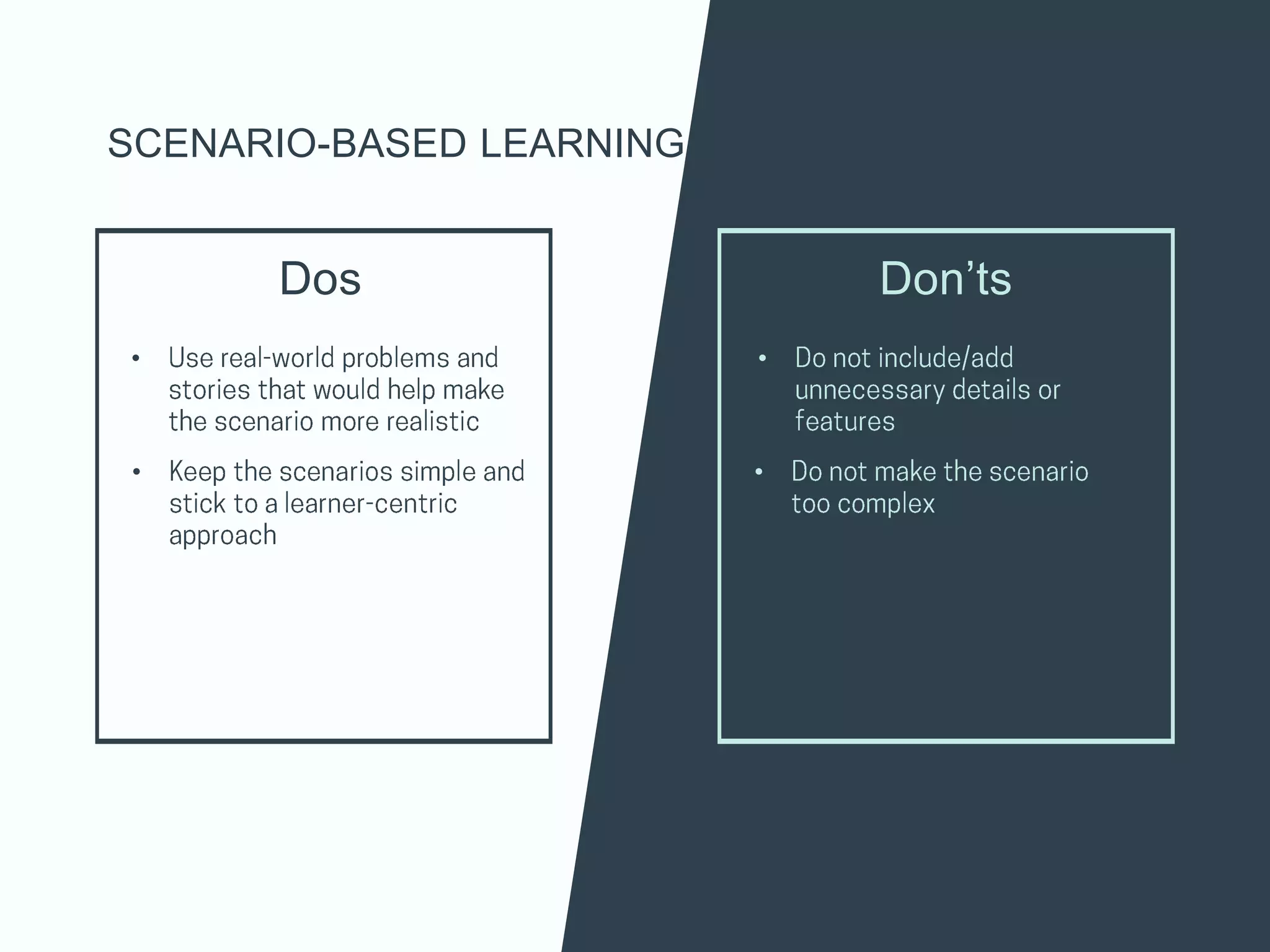 Dos
•
Don’ts
•
• •
SCENARIO-BASED LEARNING
 