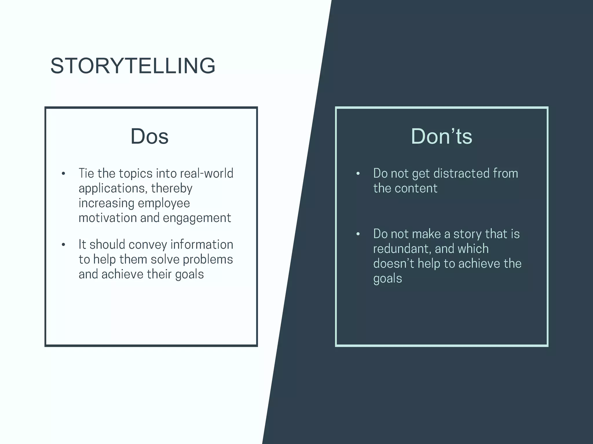Dos
•
•
Don’ts
•
•
STORYTELLING
 