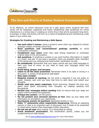 The Dos and Don’ts of Online Student Communication

To be effective, an online classroom must be a safe space where students feel their
voices will be respected, supported and heard. Establishing clear guidelines for online
interactions is a critical step in creating an online forum that will be successful long-term.
A stronger in-class community will form as a result of establishing and maintaining a safe
space in your online site.

Strategies for Creating and Maintaining a Safe Space:

        Use each other’s names. Using a person’s name when you respond to his/her
         postings creates a friendly online tone.
        Read questions and conversational postings carefully to avoid
         unnecessary confusion.
        Compliment your peers when they post strong responses or contribute
         original ideas to the conversation.
        Ask questions. If anything is unclear or you want further information or insight
         on a topic, just ask. If you have a question, there are probably other members
         of the group who are confused and need further clarification as well.
        Be considerate. Remember that your peers cannot see your body language or
         hear your tone of voice, so you need to keep your language direct and
         respectful.
        Avoid slang, jargon, and sarcasm.
        Listen to all the ideas presented. Remember there is no right or wrong in a
         discussion. A variety of perspectives add depth.
        Stay open-minded.
        Respond instead of reacting. Do not write a response if you are angry or
         upset. Instead, wait until you have had time to calm down and collect your
         thoughts.
        Really read your peers responses. Avoid skimming. Respect the time your
         peers have spent articulating their thoughts by reading carefully and
         thoughtfully.
        Reread your messages before sending them to ensure that your ideas are
         clearly communicated and supported.
        Critique the content, not the person.
        Do not present your personal opinions as fact. Back up your ideas with
         information to strengthen your statements.
        Courteously answer all questions addressed directly to you.
        Make “I” statements when respectfully disagreeing. Sharing an opposing
         opinion or idea is an important part of discussion, but it needs to be presented
         in constructive manner that encourages further discussion.
        Do not use all caps when writing. It is interpreted as yelling.
        Avoid emotional punctuation, like exclamation points, unless you are
         complimenting an idea shared.
                  Go to www.CollaborizeClassroom.com for more information
 