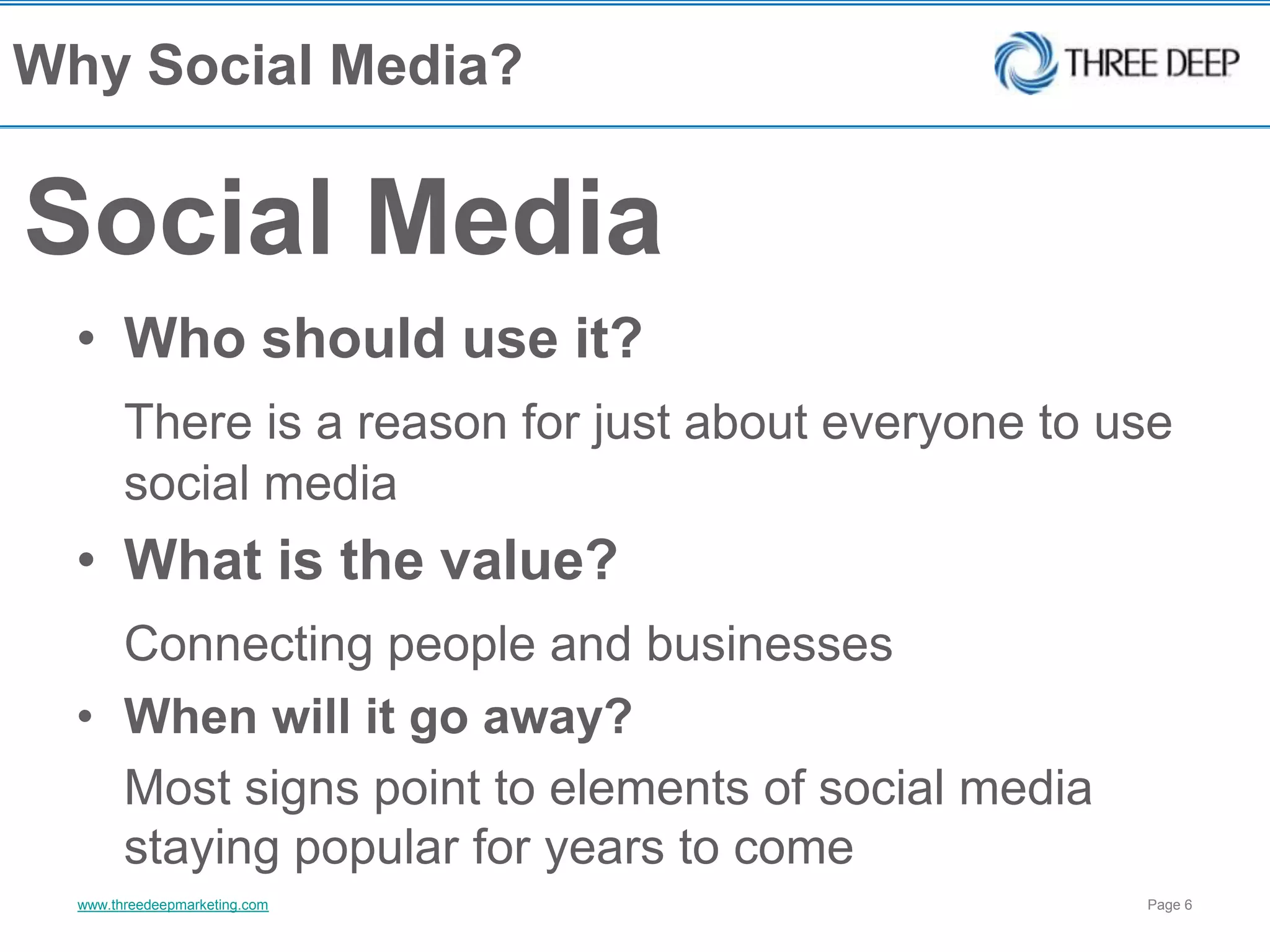 Why Social Media?Social MediaWho should use it?  There is a reason for just about everyone to use social mediaWhat is the value?Connecting people and businessesWhen will it go away?	Most signs point to elements of social media staying popular for years to come