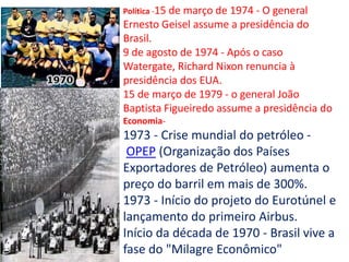 Política -15 de março de 1974 - O general
Ernesto Geisel assume a presidência do
Brasil.
9 de agosto de 1974 - Após o caso
Watergate, Richard Nixon renuncia à
presidência dos EUA.
15 de março de 1979 - o general João
Baptista Figueiredo assume a presidência do
Economia-
1973 - Crise mundial do petróleo -
OPEP (Organização dos Países
Exportadores de Petróleo) aumenta o
preço do barril em mais de 300%.
1973 - Início do projeto do Eurotúnel e
lançamento do primeiro Airbus.
Início da década de 1970 - Brasil vive a
fase do "Milagre Econômico"
 