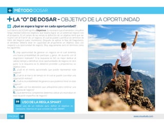 LA “O” DE DOSAR - OBJETIVO DE LA OPORTUNIDAD
¿Qué se espera lograr en cada oportunidad?
La O dentro de DOSAR significa Objetivos. Es necesario que el vendedor consultivo
tenga claridad sobre los objetivos que espera lograr en un potencial negocio con
el prospecto. En el campo de las ventas la definición de un objetivo tiene que ver
mucho con el “Cierre” de un negocio, el cual se puede cuantificar en términos de
Valor del Negocio (valor monetario). Después de aplicar la fase de Diagnóstico,
el vendedor debería estar en capacidad de proponerse un Objetivo claro con
respecto a la oportunidad de negocio. Muy seguramente será en términos como
los siguientes:
1. ¿Hay oportunidad de generar un negocio en el cual tenemos
una buena probabilidad de participar y ganar, de acuerdo con el
diagnóstico realizado?. Si la respuesta es NO, es mejor dedicar el
valioso tiempo a identificar otras oportunidades de negocio en otra
parte. Si la respuesta es SI, debemos proceder a proponernos un
objetivo claro.
2. ¿Cuál es el monto aproximado que puede representar este
negocio?
3. ¿Cuál es el marco de tiempo en el cual se puede concretar una
negociación exitosa?
4. ¿Cuál es la probabilidad de ganancia que podemos tener en este
negocio?
5. ¿Cuáles son los elementos que utilizaremos para construir una
propuesta de negocio?
6.¿Qué elementos competitivos debemos utilizar y/o neutralizar en
esta situación específica de negocio?
USO DE LA REGLA SMART
Hacer uso de un método para definir el objetivo es
necesario. Veamos en que consiste la regla SMART.
MÉTODO DOSAR
12PÁGINA www.visualsale.com
 