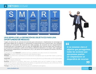 UN EJEMPLO DE LA DEFINICIÓN DE OBJETIVOS PARA UNA
OPORTUNIDAD DE NEGOCIO.
Si no tenemos claro el
objetivo que perseguimos,
todas las acciones que
ejecutemos podrán
ser simplemente un
desperdicio de recursos
“Lograr el cierre de un contrato de servicios para estructurar e implementar la estrategia de
Mercadeo Digital de la empresa X, incluyendo la construcción de un portal web, una campaña
de email y la activación de presencia en redes sociales, de acuerdo con los requerimientos
establecidos por el prospecto, por un valor de US$40,000. Este contrato debe estar firmado en
un periodo de 6 semanas a partir de la fecha y debemos demostrar un mayor valor agregado
que nuestros competidores, las empresas A, B y C, por parte de los equipos de ventas y servicios
profesionales”
Si aplicamos la regla S.M.A.R.T. podemos ver que cumplimos con cada uno de sus componentes.
eSpecífico: Estamos indicando con precisión qué deseamos lograr.
Medible: Hay elementos cuantitativos en la declaración del objetivo que nos permiten medir su avance y
cumplimiento.
Asignable: Se está especificando que los equipos de ventas y de servicios profesionales son los responsables
de lograr el objetivo declarado.
Realista: Igualmente el vendedor debe tener una claridad sobre que tan realista es lograr el objetivo
teniendo en cuenta la capacidad del potencial cliente, la capacidad de la empresa y las condiciones en las
cuales se desarrolla el avance del proceso de venta
Tiempo: Es claro que hay una fecha limite para el cumplimiento del objetivo
MÉTODO DOSAR
13PÁGINAwww.visualsale.com
 