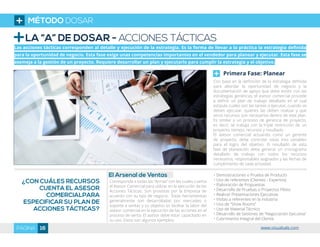 LA “A” DE DOSAR - ACCIONES TÁCTICAS
Las acciones tácticas corresponden al detalle y ejecución de la estrategia. Es la forma de llevar a la práctica la estrategia definida
para la oportunidad de negocio. Esta fase exige unas competencias importantes en el vendedor para planear y ejecutar. Esta fase se
asemeja a la gestión de un proyecto. Requiere desarrollar un plan y ejecutarlo para cumplir la estrategia y el objetivo.
Primera Fase: Planear
Con base en la definición de la estrategia definida
para abordar la oportunidad de negocio y la
documentación de apoyo que debe existir con las
estrategias genéricas, el asesor comercial procede
a definir un plan de trabajo detallado en el cual
estipula cuales son las tareas a ejecutar, cuando se
deben ejecutar, quienes las deben realizar y que
otros recursos son necesarios dentro de este plan.
Es similar a un proceso de gerencia de proyecto,
es decir, se trabaja con la triple restricción de un
proyecto; tiempo, recursos y resultado.
El asesor comercial actuando como un gerente
de proyecto, debe controlar estas tres variables
para el logro del objetivo. El resultado de esta
fase de planeación debe generar un cronograma
detallado de trabajo con todos los recursos
necesarios, responsables asignados y las fechas de
cumplimiento de cada actividad.
¿CON CUÁLES RECURSOS
CUENTA EL ASESOR
COMERCIALPARA
ESPECIFICAR SU PLAN DE
ACCIONES TÁCTICAS?
El Arsenal de Ventas
Corresponde a todas las “Armas” con las cuales cuenta
el Asesor Comercial para utilizar en la ejecución de las
Acciones Tácticas. Son provistas por la Empresa de
acuerdo con su tipo de negocio. Estas herramientas
generalmente son desarrolladas por mercadeo o
soporte a ventas y su objetivo es facilitar la labor del
asesor comercial en la ejecución de las acciones en el
proceso de venta. El asesor debe estar capacitado en
su uso. Estos son algunos ejemplos:
• Demostraciones o Prueba de Producto
• Uso de referentes (Clientes - Expertos)
• Elaboración de Propuestas
• Desarrollo de Pruebas o Proyectos Piloto
• Realizar Presentaciones Ejecutivas
• Visitas a referentes en la industria
• Uso de “Show Rooms”
• Uso de Material Técnico
• Desarrollo de Sesiones de “Negociación Ejecutiva”
• Cubrimiento Integral del Cliente
MÉTODO DOSAR
16PÁGINA www.visualsale.com
 