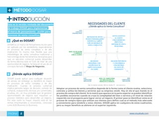 INTRODUCCIÓN
Esta es la versión revisada del documento
de trabajo DOSAR para implementar
el marco de pensamiento - acción para
procesos de venta consultiva.
DOSAR es un marco de Pensamiento Acción para
ser aplicado por los vendedores, especialmente
en procesos de venta complejos o de alta
implicación. Es mucho más flexible que una
metodología de venta consultiva tradicional y
hace entrega de las herramientas necesarias para
que un ejecutivo comercial pueda desarrollar
de forma efectiva todo el “Ciclo de Vida” de una
oportunidad de negocio. Se basa en el uso de un
concepto llamado el Mapa de Negocios.
¿Qué es DOSAR?
¿Dónde aplica DOSAR?
Adoptar un proceso de venta consultiva depende de la forma como el cliente evalúa, selecciona,
contrata y utiliza los bienes y servicios que su empresa vende. Hoy en día el que manda es el
proceso de compra del cliente. En la matriz que aparece en la parte superior se pueden identificar
los posibles escenarios cuando se cruza la complejidad del bien o servicio y el nivel de relación
requerido con el prospecto para lograr cerrar un negocio. El primer paso es identificar como es el
proceso de compra típico que utilizan sus clientes para definir cual es el método más adecuado
y conveniente para venderle a estos clientes. DOSAR aplica en cualquiera de estos cuadrantes,
pero su mayor beneficio se obtiene en el superior izquierdo.
DOSAR puede aplicar para cualquier situación
de ventas, sin embargo su beneficio es mayor
en procesos de venta compleja o de alta
implicación. Cuando el proceso comercial
implica periodos largos de decisión, comités de
compras, evaluaciones técnicas y/o comerciales,
pruebas, etc., es muy probable que se generen
oportunidades de negocio que requieren un
proceso metódico para desarrollar un negocio.
Por esta razón su mayor impacto está en las
ventas empresariales o corporativas, conocidas
como B2B (Business to Business).
MÉTODO DOSAR
2PÁGINA www.visualsale.com
 