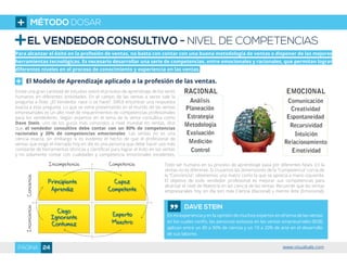 EL VENDEDOR CONSULTIVO - NIVEL DE COMPETENCIAS
Para alcanzar el éxito en la profesión de ventas, no basta con contar con una buena metodología de ventas o disponer de las mejores
herramientas tecnológicas. Es necesario desarrollar una serie de competencias, entre emocionales y racionales, que permitan lograr
diferentes niveles en el proceso de conocimiento y experiencia en las ventas.
El Modelo de Aprendizaje aplicado a la profesión de las ventas.
Existe una gran cantidad de estudios sobre el proceso de aprendizaje de los seres
humanos en diferentes actividades. En el campo de las ventas a veces sale la
pregunta a flote: ¿El Vendedor nace o se hace?. Difícil encontrar una respuesta
exacta a esta pregunta. Lo que se viene presentando en el mundo de las ventas
empresariales es un alto nivel de requerimientos de competencias profesionales
para los vendedores. Según expertos en el tema de la venta consultiva como
Dave Stein, uno de los gurús más conocidos a nivel mundial en ventas, dice
que el vendedor consultivo debe contar con un 80% de competencias
racionales y 20% de competencias emocionales. Las ventas no es una
ciencia exacta, sin embargo si es evidente el hecho de que el profesional de
ventas que exige el mercado hoy en día es una persona que debe hacer uso más
constante de herramientas técnicas y científicas para lograr el éxito en las ventas
y no solamente contar con cualidades y competencia emocionales excelentes.
Todo ser humano en su proceso de aprendizaje pasa por diferentes fases. En la
ventas no es diferente. Si cruzamos las dimensiones de la “Competencia” con la de
la “Conciencia”, obtenemos una matriz como la que se aprecia a mano izquierda.
El objetivo de todo vendedor profesional es mejorar sus competencias para
alcanzar el nivel de Maestría en las ciencia de las ventas. Recuerde que las ventas
empresariales hoy en día son más Ciencia (Racional) y menos Arte (Emocional).
DAVE STEIN
En mi experiencia y en la opinión de muchos expertos en el tema de las ventas
en los cuales confío, las personas exitosas en las ventas empresariales (B2B)
aplican entre un 80 a 90% de ciencia y un 10 a 20% de arte en el desarrollo
de sus labores.
MÉTODO DOSAR
24PÁGINA www.visualsale.com
 