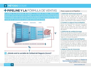 Paso a paso en el PipelinePIPELINE Y LA FÓRMULA DE VENTAS
Al combinar las herramientas del Pipeline y la Fórmula de Ventas, obtenemos un
elemento como el que se ilustra en la gráfica. Es muy útil como herramienta de gestión
para el vendedor tener claridad sobre el estado del Pipeline y como acelerar los negocios
a través de él, controlando las variables de la fórmula de ventas.
¿Dónde está la variable de Calidad del Negocio (Score)?
Precisamente esa es una de las falencias de las herramientas basadas en el Pipeline y en la mayoría
de las metodologías de Venta Consultiva. Incluso los sistemas de información de CRM que gestionan
oportunidades (Opportunity Management) toman como base un porcentaje o probabilidad de cierre
basado en el avance de la oportunidad en las etapas de ventas. El hecho de que una oportunidad de
negocio avance en el proceso de venta no es garantía de que lo voy a ganar. Simplemente es un indicador
de progreso en el proceso. Más adelante explicaremos como incluir el Score del Negocio.
1. Definición del Proceso de Venta
El primer paso corresponde a definir con claridad
cada una de las etapas por las cuales debe
evolucionar una oportunidad de negocio. Puede
iniciar con etapas generales y con la experiencia
puede ir depurando en mayor detalle las etapas.
3. Definición de cambios de etapa
Defina con claridad que elemento genera que una
oportunidad pase de una etapa a otra. Esto es clave,
ya que afecta el indicador de tasa de conversión de
negocios y el estado del pipeline.
2. Cuándo un negocio entra al Pipeline
Este es uno de los puntos clave para una buena
gestión del Pipeline. Es necesario establecer
cuales son las condiciones que hacen que una
oportunidad de negocio ingrese en la primera fase
del pipilene.
4. Cuándo un negocio sale del Pipeline
El mantenimiento de las oportunidades de negocio
es un trabajo permanente. Es necesario definir las
condiciones por las cuales un negocio se da de
baja en el pipeline. Por ejemplo, debido a que lleva
una cantidad determinada de tiempo ”estancada”
en una etapa.
5. Medir la Tasa de Conversión
Una de las métricas más importantes de la gestión
del pipeline es la tasa de conversión. Es necesario
establecer un periodo de tiempo para evaluar esta
tasa (por ejemplo por trimestre). Este permite
conocer la calidad de los negocios y la gestión del
vendedor.
Puede visitar la página de Gestión de
Oportunidades de Negocio para revisar en
mayor detalle estos conceptos.
MÉTODO DOSAR
8PÁGINA www.visualsale.com
 