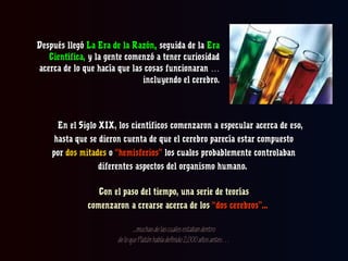 Después llegó La Era de la Razón, seguida de la Era
Científica, y la gente comenzó a tener curiosidad
acerca de lo que hacía que las cosas funcionaran …
incluyendo el cerebro.

En el Siglo XIX, los científicos comenzaron a especular acerca de eso,
hasta que se dieron cuenta de que el cerebro parecía estar compuesto
por dos mitades o “hemisferios” los cuales probablemente controlaban
diferentes aspectos del organismo humano.
Con el paso del tiempo, una serie de teorías
comenzaron a crearse acerca de los “dos cerebros”...
...muchas de las cuales estaban dentro
de lo que Platón había definido 2,000 años antes…

 