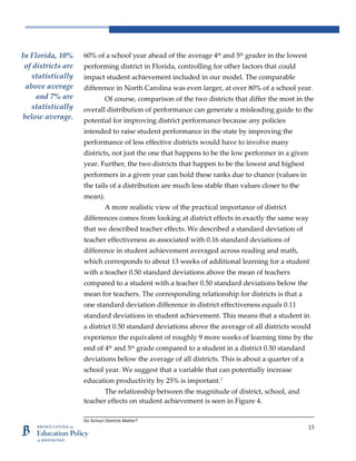 Do School Districts Matter?
13
60% of a school year ahead of the average 4th and 5th grader in the lowest
performing district in Florida, controlling for other factors that could
impact student achievement included in our model. The comparable
difference in North Carolina was even larger, at over 80% of a school year.
Of course, comparison of the two districts that differ the most in the
overall distribution of performance can generate a misleading guide to the
potential for improving district performance because any policies
intended to raise student performance in the state by improving the
performance of less effective districts would have to involve many
districts, not just the one that happens to be the low performer in a given
year. Further, the two districts that happen to be the lowest and highest
performers in a given year can hold these ranks due to chance (values in
the tails of a distribution are much less stable than values closer to the
mean).
A more realistic view of the practical importance of district
differences comes from looking at district effects in exactly the same way
that we described teacher effects. We described a standard deviation of
teacher effectiveness as associated with 0.16 standard deviations of
difference in student achievement averaged across reading and math,
which corresponds to about 13 weeks of additional learning for a student
with a teacher 0.50 standard deviations above the mean of teachers
compared to a student with a teacher 0.50 standard deviations below the
mean for teachers. The corresponding relationship for districts is that a
one standard deviation difference in district effectiveness equals 0.11
standard deviations in student achievement. This means that a student in
a district 0.50 standard deviations above the average of all districts would
experience the equivalent of roughly 9 more weeks of learning time by the
end of 4th
and 5th
grade compared to a student in a district 0.50 standard
deviations below the average of all districts. This is about a quarter of a
school year. We suggest that a variable that can potentially increase
education productivity by 25% is important.7
The relationship between the magnitude of district, school, and
teacher effects on student achievement is seen in Figure 4.
In Florida, 10%
of districts are
statistically
above average
and 7% are
statistically
below average.
 