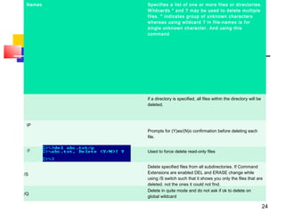 Names   Specifies a list of one or more files or directories.
         Wildcards * and ? may be used to delete multiple
         files. * indicates group of unknown characters
         whereas using wildcard ? in file-names is for
         single unknown character. And using this
         com mand




         if a directory is specified, all files within the directory will be
         deleted.



 P
         Prompts for (Y)es/(N)o confirmation before deleting each
         file.


 /F      Used to force delete read-only files


         Delete specified files from all subdirectories. If Command
/S       Extensions are enabled DEL and ERASE change while
         using /S switch such that it shows you only the files that are
         deleted, not the ones it could not find.
         Delete in quite mode and do not ask if ok to delete on
/Q
         global wildcard

                                                                               24
 