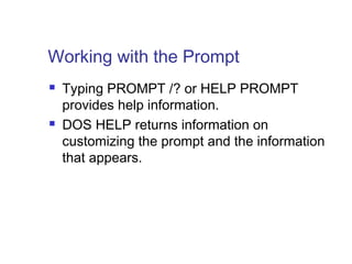 Working with the Prompt
   Typing PROMPT /? or HELP PROMPT
    provides help information.
   DOS HELP returns information on
    customizing the prompt and the information
    that appears.
 