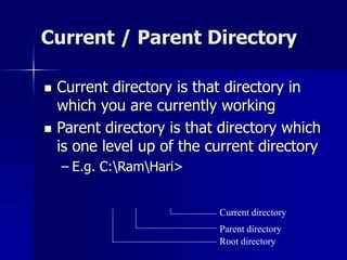 Current / Parent Directory
 Current directory is that directory in
which you are currently working
 Parent directory is that directory which
is one level up of the current directory
– E.g. C:RamHari>
Root directory
Parent directory
Current directory
 