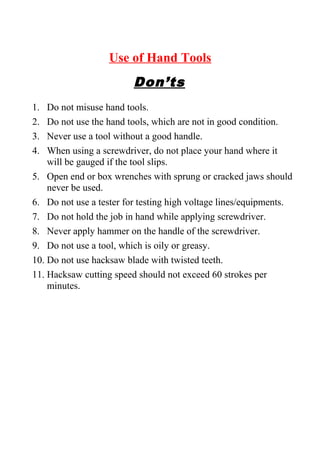 Misusing Hand Tools Do's & dont's tool box talk -safety subject wise | DOC