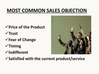 MOST COMMON SALES OBJECTION
Price of the Product
Trust
Fear of Change
Timing
Indifferent
Satisfied with the current product/service