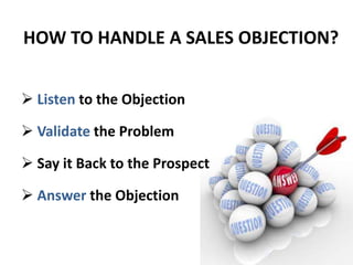 HOW TO HANDLE A SALES OBJECTION?
Listen to the Objection
Validate the Problem
Say it Back to the Prospect
Answer the Objection