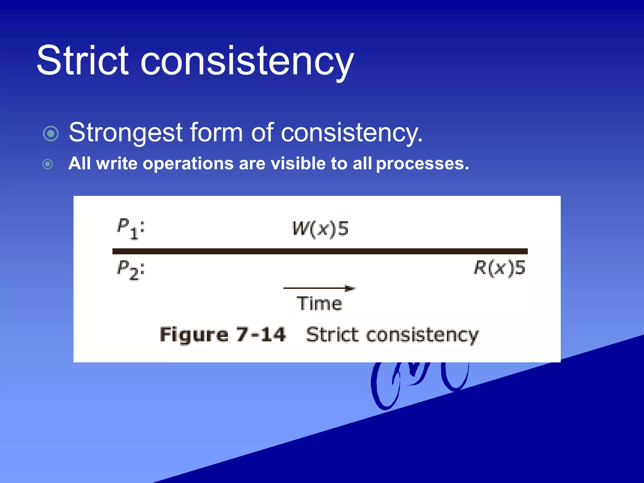 Strict consistency
 Strongest form of consistency.
 All write operations are visible to all processes.
 