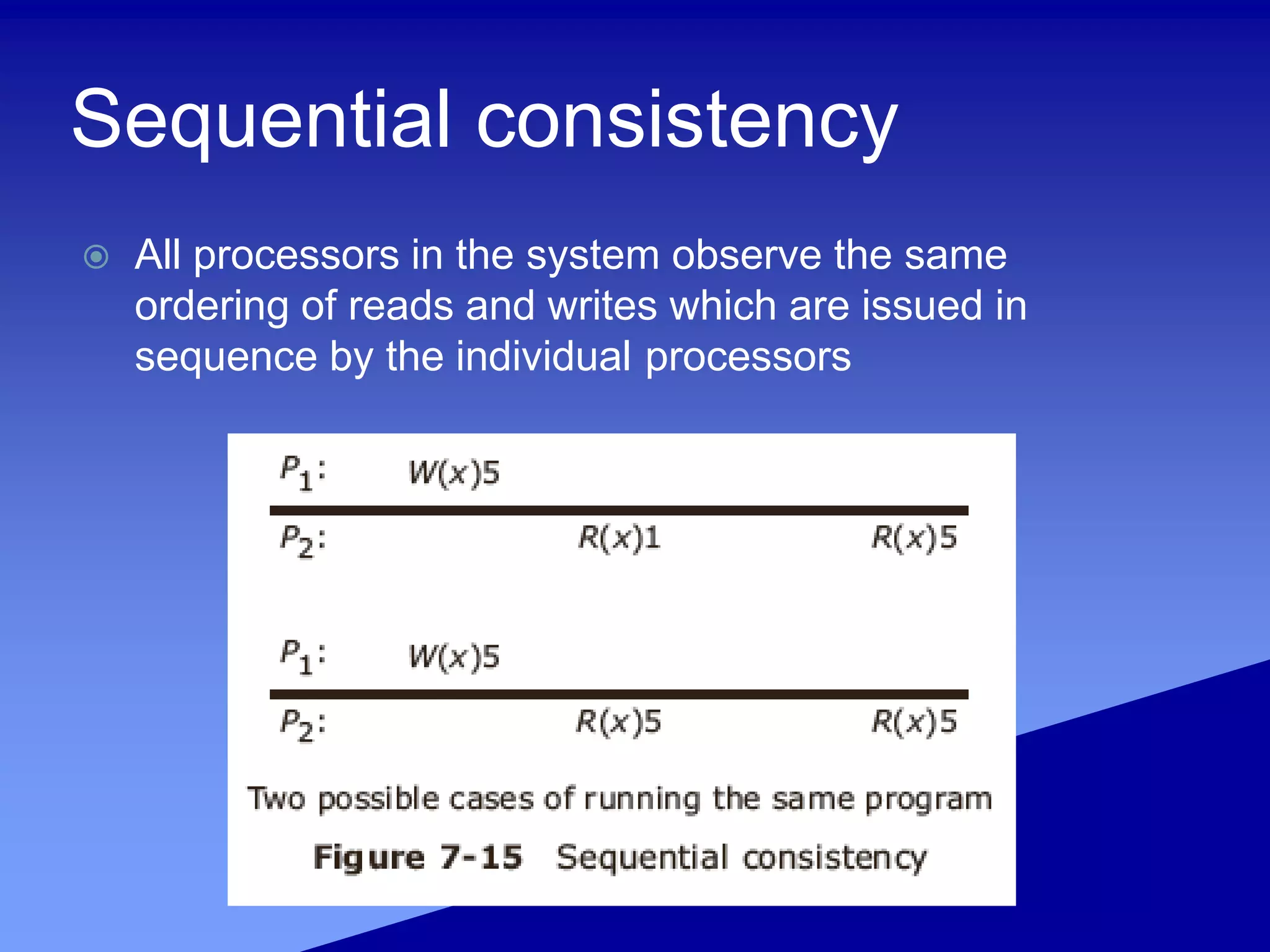 Sequential consistency
 All processors in the system observe the same
ordering of reads and writes which are issued in
sequence by the individual processors
 