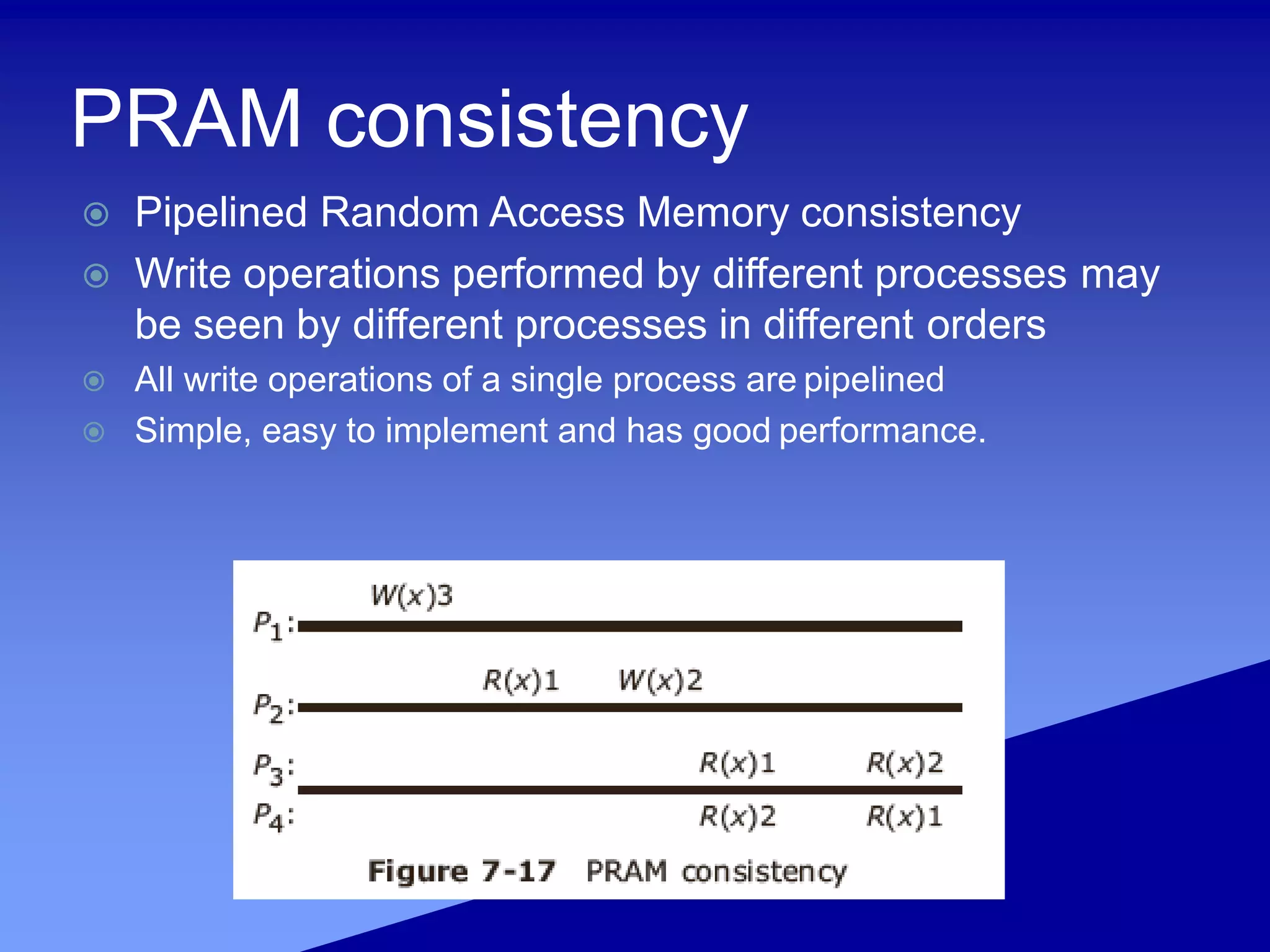 PRAM consistency
 Pipelined Random Access Memory consistency
 Write operations performed by different processes may
be seen by different processes in different orders
 All write operations of a single process are pipelined
 Simple, easy to implement and has good performance.
 