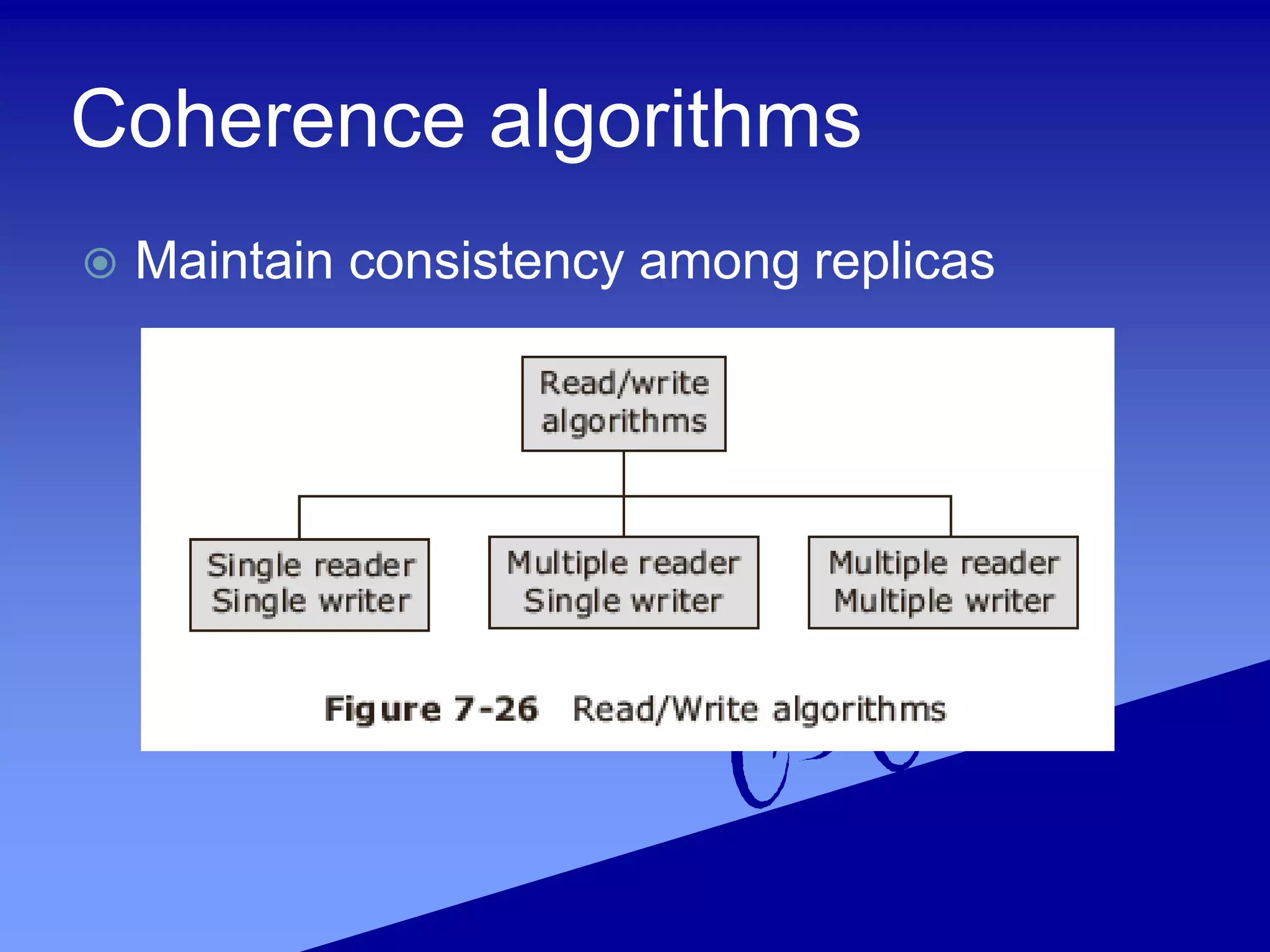 Coherence algorithms
 Maintain consistency among replicas
 