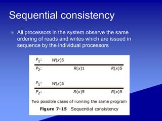 Sequential consistency
 All processors in the system observe the same
ordering of reads and writes which are issued in
sequence by the individual processors
 