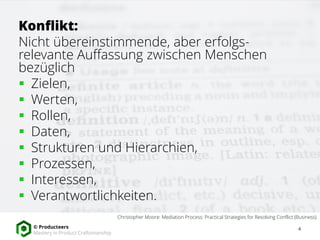 4© Producteers
Mastery in Product Craftsmanship
Konflikt:
Nicht übereinstimmende, aber erfolgs-
relevante Auffassung zwischen Menschen
bezüglich
 Zielen,
 Werten,
 Rollen,
 Daten,
 Strukturen und Hierarchien,
 Prozessen,
 Interessen,
 Verantwortlichkeiten.
Christopher Moore: Mediation Process: Practical Strategies for Resolving Conflict (Business)
 