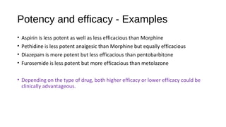 Potency and efficacy - Examples
• Aspirin is less potent as well as less efficacious than Morphine
• Pethidine is less potent analgesic than Morphine but equally efficacious
• Diazepam is more potent but less efficacious than pentobarbitone
• Furosemide is less potent but more efficacious than metolazone
• Depending on the type of drug, both higher efficacy or lower efficacy could be
clinically advantageous.
 