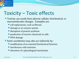 Toxicity – Toxic effects
Toxicity can result from adverse cellular, biochemical, or
macromolecular changes. Examples are:
cell replacement, such as fibrosis
damage to an enzyme system
disruption of protein synthesis
production of reactive chemicals in cells
DNA damage
Some xenobiotics may also act indirectly by:
modification of an essential biochemical function
interference with nutrition
alteration of a physiological mechanism
25/05/2010 14Kursus Toksikologi Makanan IKU 31Mei-4Jun 2010
 