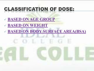 CLASSIFICATION OF DOSE:
 BASED ON AGE GROUP
 BASED ON WEIGHT
 BASED ON BODY SURFACE AREA(BSA)
 
