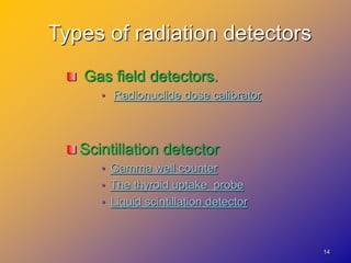 1414
Types of radiation detectors
Gas field detectors.
• Radionuclide dose calibrator
Scintillation detector
• Gamma well counter
• The thyroid uptake probe
• Liquid scintillation detector
 