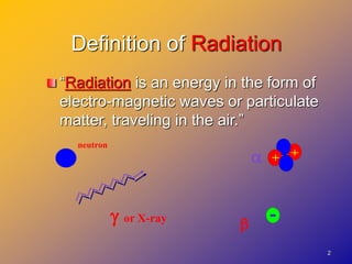 2
Definition of Radiation
“Radiation is an energy in the form of
electro-magnetic waves or particulate
matter, traveling in the air.”
or X-ray


neutron
 