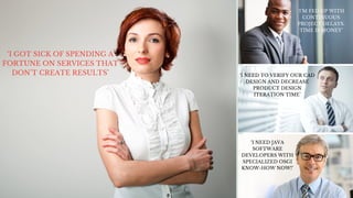 ‘I GOT SICK OF SPENDING A
FORTUNE ON SERVICES THAT
DON’T CREATE RESULTS’
‘I’M FED UP WITH
CONTINUOUS
PROJECT DELAYS.
TIME IS MONEY’
‘I NEED TO VERIFY OUR CAD
DESIGN AND DECREASE
PRODUCT DESIGN
ITERATION TIME’
‘I NEED JAVA
SOFTWARE
DEVELOPERS WITH
SPECIALIZED OSGI
KNOW-HOW NOW!’
 