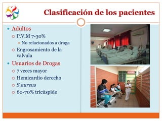 Clasificación de los pacientes

 Adultos
    P.V.M 7-30%
        No relacionados a droga
    Engrosamiento de la
     valvula
 Usuarios de Drogas
    7 veces mayor
    Hemicardio derecho
    S.aureus
    60-70% tricúspide
 