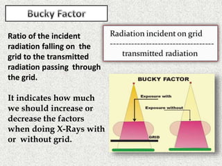 Ratio of the incident
radiation falling on the
grid to the transmitted
radiation passing through
the grid.
It indicates how much
we should increase or
decrease the factors
when doing X-Rays with
or without grid.
 