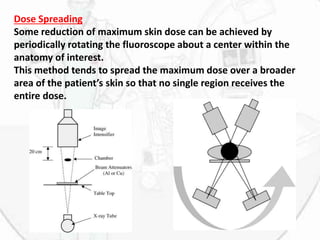 Dose Spreading
Some reduction of maximum skin dose can be achieved by
periodically rotating the fluoroscope about a center within the
anatomy of interest.
This method tends to spread the maximum dose over a broader
area of the patient’s skin so that no single region receives the
entire dose.
 