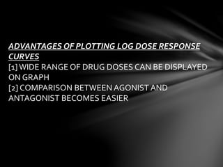 ADVANTAGES OF PLOTTING LOG DOSE RESPONSE 
CURVES 
[1] WIDE RANGE OF DRUG DOSES CAN BE DISPLAYED 
ON GRAPH 
[2] COMPARISON BETWEEN AGONIST AND 
ANTAGONIST BECOMES EASIER 
 