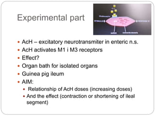 Experimental part
 AcH – excitatory neurotransmiter in enteric n.s.
 AcH activates M1 i M3 receptors
 Effect?
 Organ bath for isolated organs
 Guinea pig ileum
 AIM:
 Relationship of AcH doses (increasing doses)
 And the effect (contraction or shortening of ileal
segment)
 
