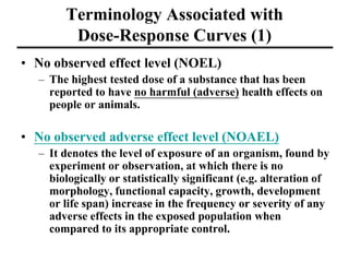 Terminology Associated with
Dose-Response Curves (1)
• No observed effect level (NOEL)
– The highest tested dose of a subs...