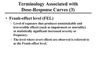 Terminology Associated with
Dose-Response Curves (3)
• Frank-effect level (FEL)
– Level of exposure that produces unmistak...