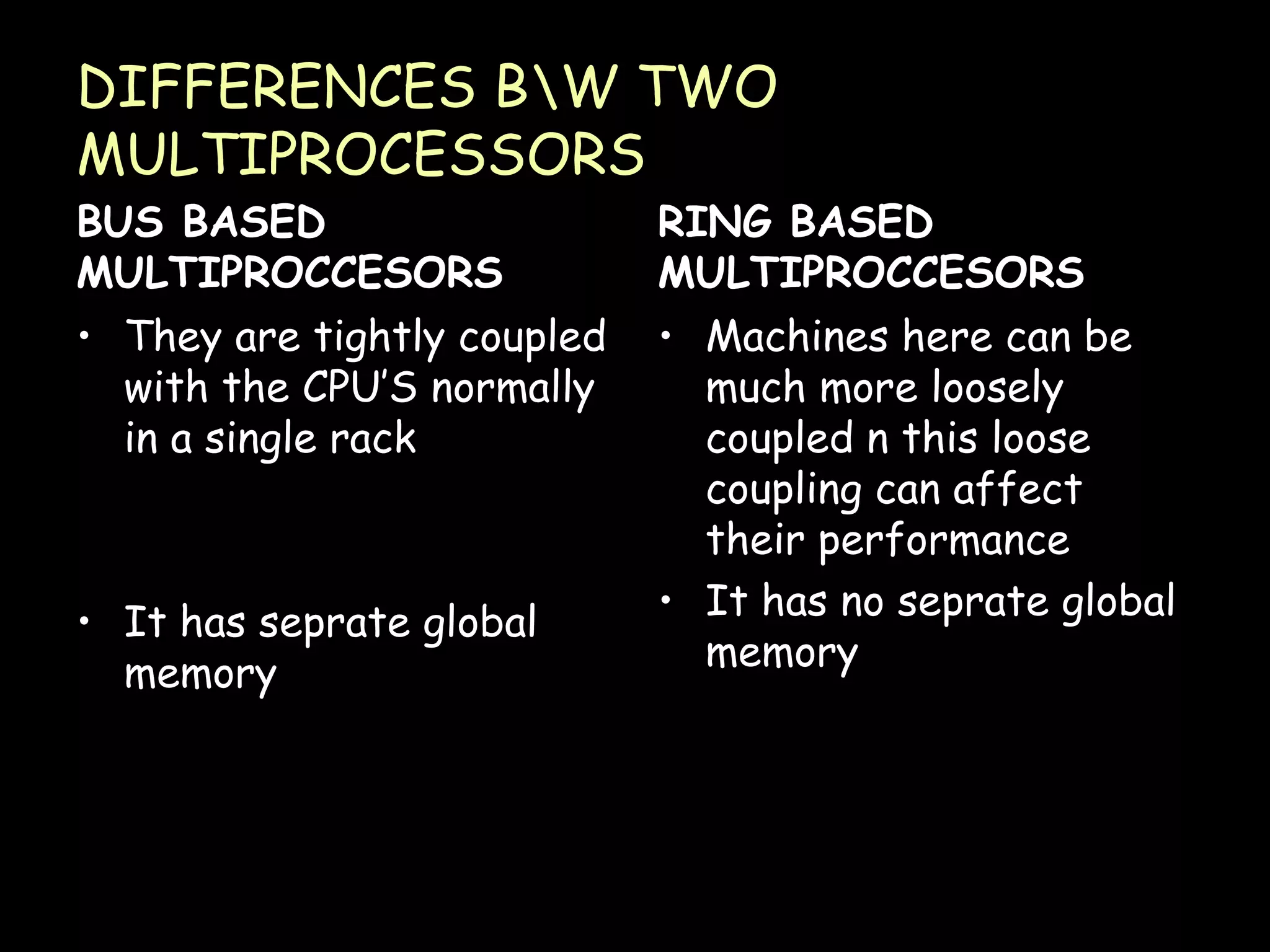 DIFFERENCES B\W TWO MULTIPROCESSORS BUS BASED MULTIPROCCESORS They are tightly coupled with the CPU’S normally in a single rack It has seprate global memory RING BASED MULTIPROCCESORS Machines here can be much more loosely coupled n this loose coupling can affect their performance It has no seprate global memory 