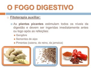 O FOGO DIGESTIVO
 Fitoterapia auxiliar:
 As plantas picantes estimulam todos os níveis da
digestão e devem ser ingeridas...